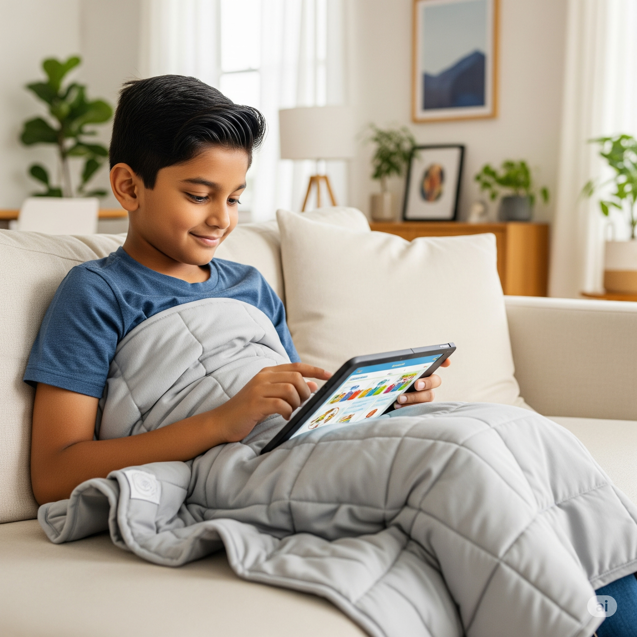 Young boy on couch using a tablet under a gray weighted blanket showcasing weighted sensory products for kids collection