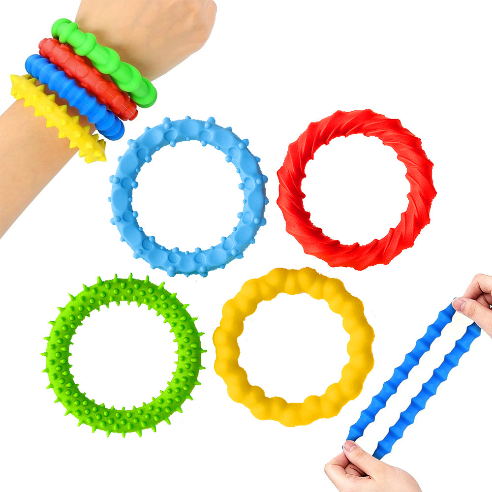Sensory Silicone Stretchy Bracelets, 4-Pack of Multi-Color Textured Ri
