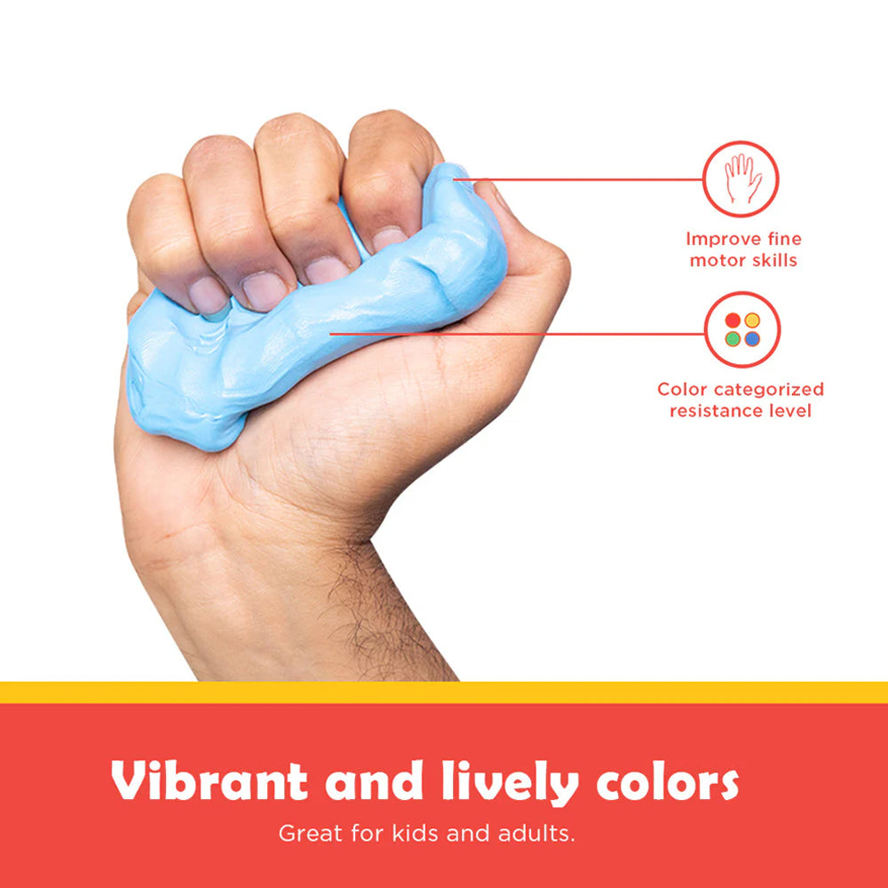 Ableys sensory fidget box showing a hand squeezing blue putty to build grip with hand strengthening putty for adults and kids