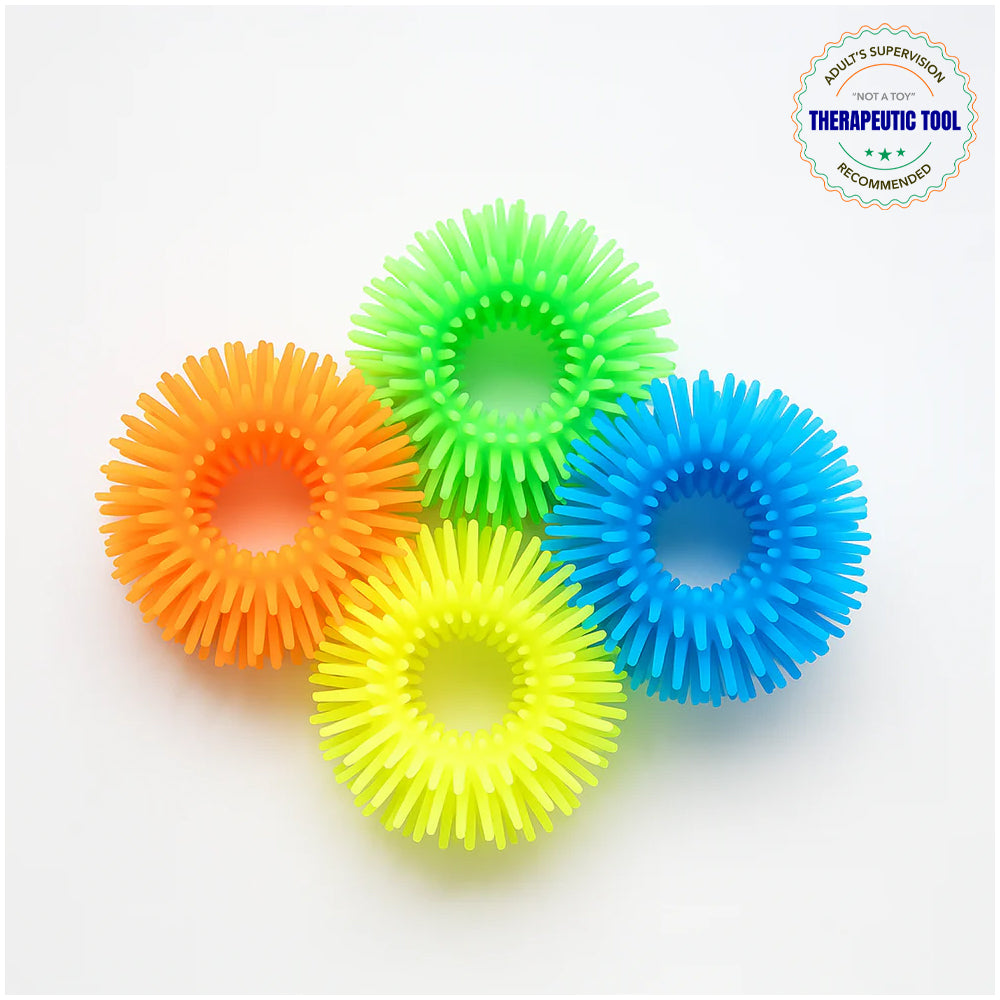 Ableys fuzzy sensory bracelets for kids set of four spiky tactile rings in orange yellow green and blue for fidgeting