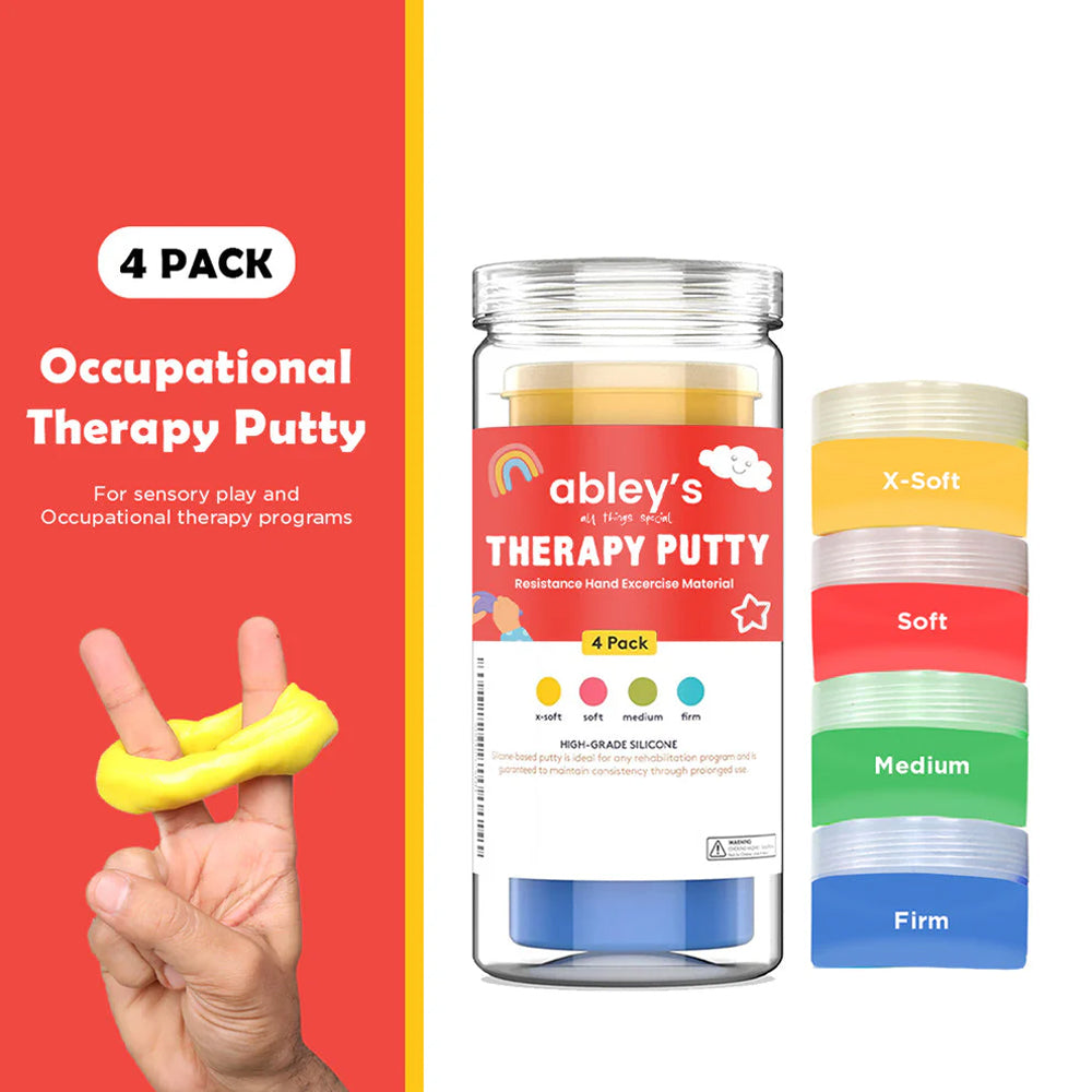 Ableys hand exercise putty set 4 pack jar with four resistance colors and a hand stretching yellow putty
