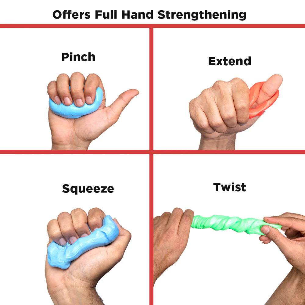 Ableys hand exercise putty set showing pinch extend squeeze and twist exercises with colored putty