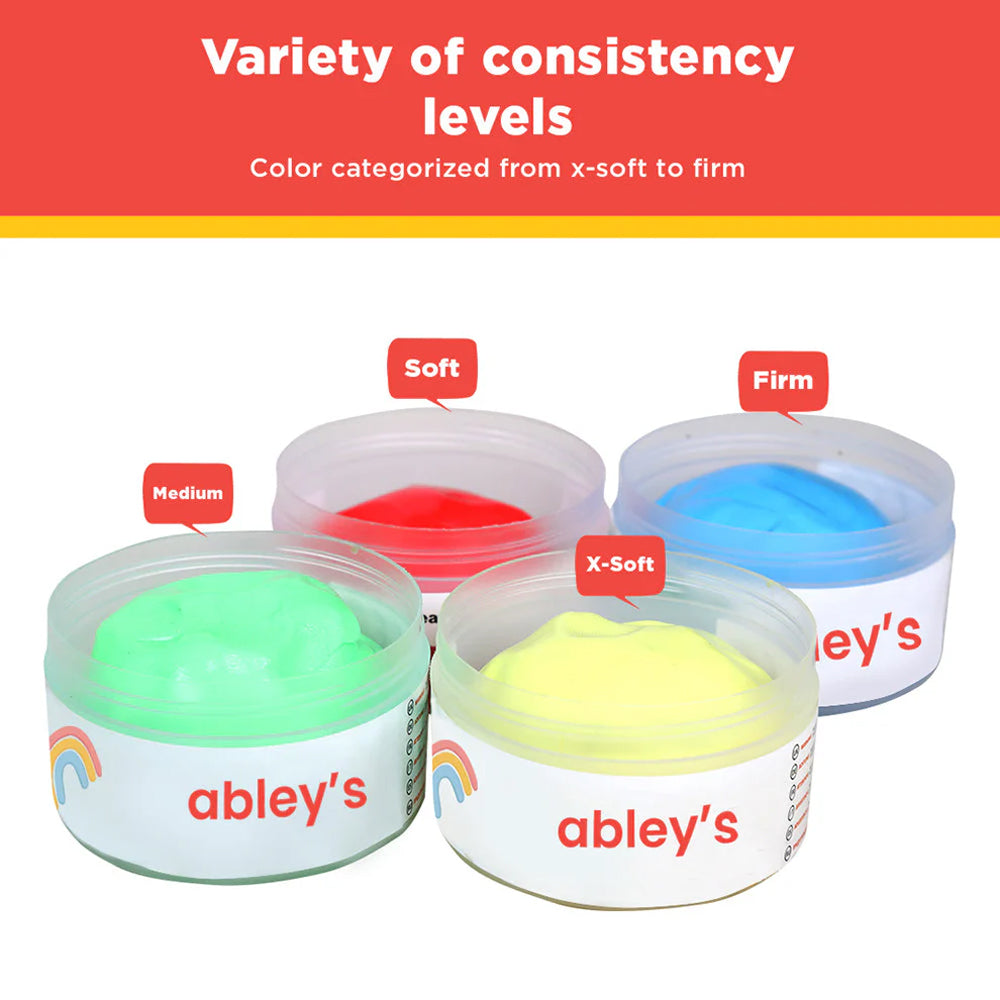 Four Ableys jars of colorful hand exercise putty set showing X Soft Soft Medium and Firm consistency levels