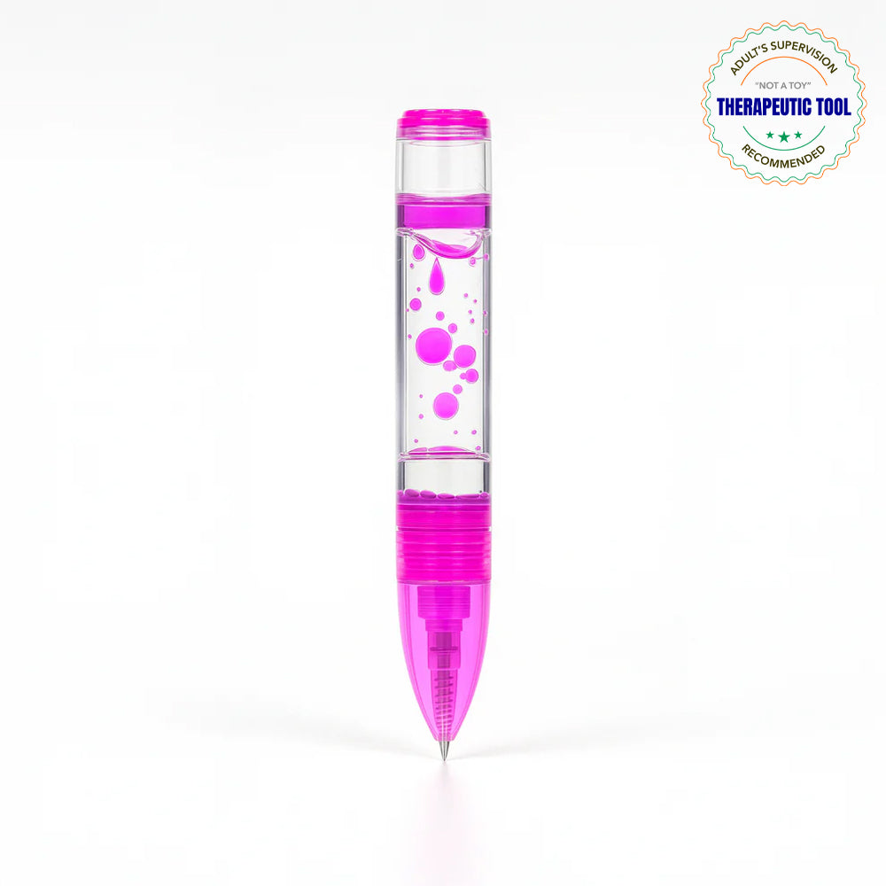 Ableys pink liquid motion pen fidget for anxiety with clear chamber and flowing droplets for sensory calm