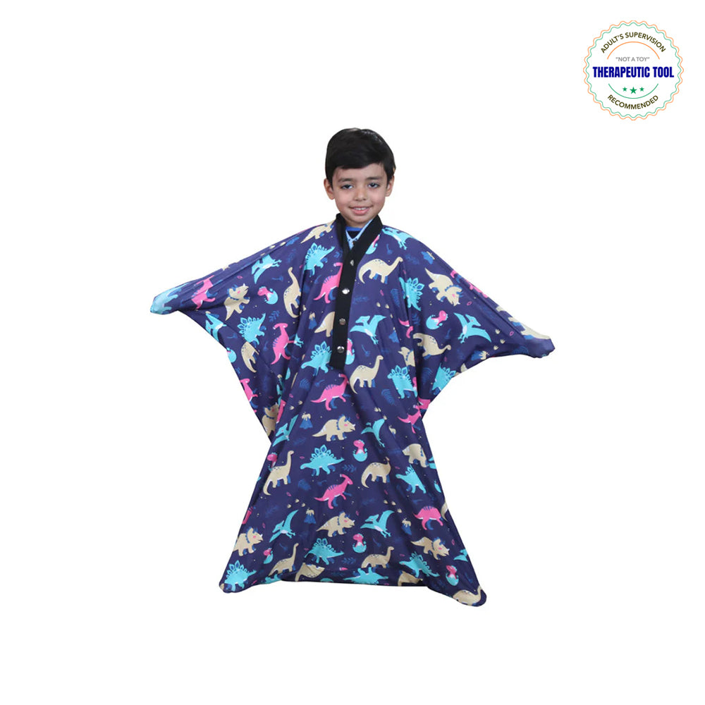 Ableys Jurassic Park sensory body sock worn by smiling child in purple dinosaur print for calming therapy
