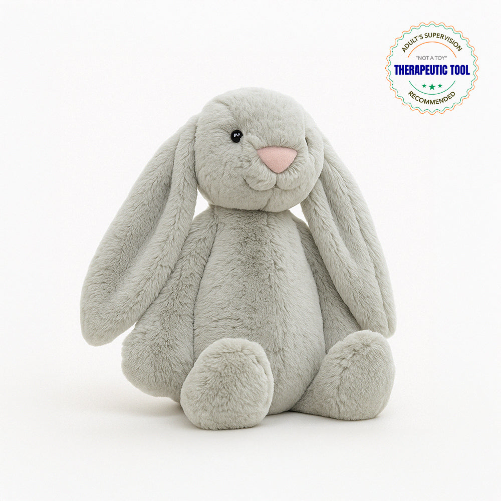 Ableys gray seated weighted plush bunny for sensory therapy with long floppy ears and soft fur