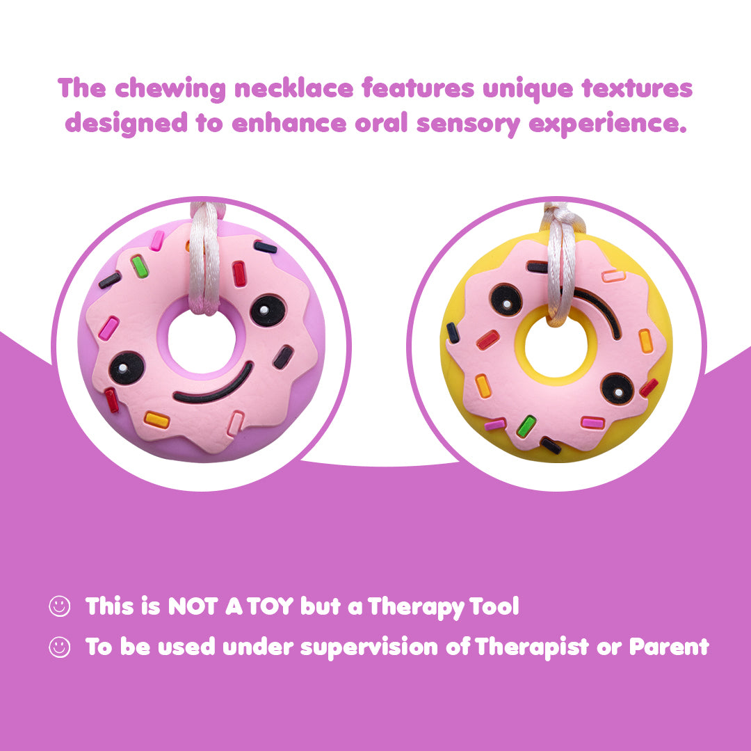 Ableys pink donut chewable necklaces for sensory needs silicone therapy pendants with smile design on cords