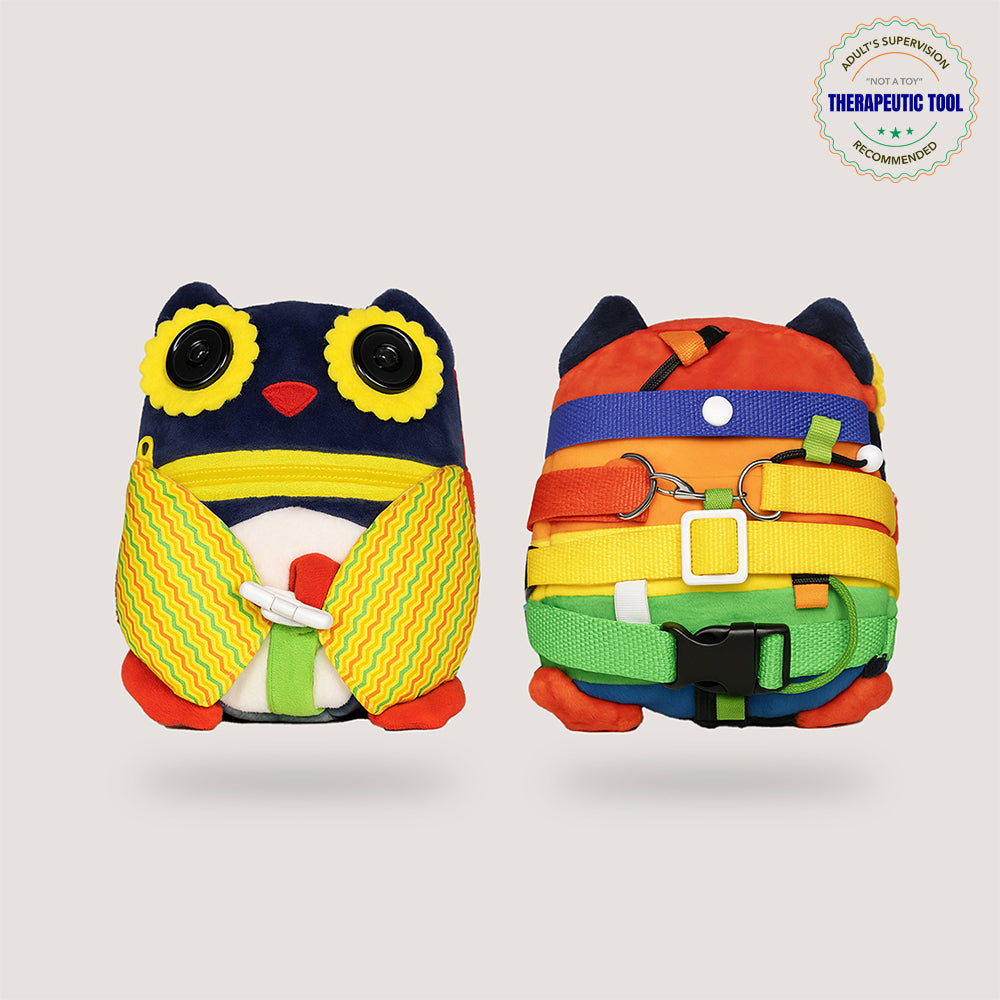 Colorful twin owl plush busy boards with straps zippers and buckles buckle activity toy for fine motor skills