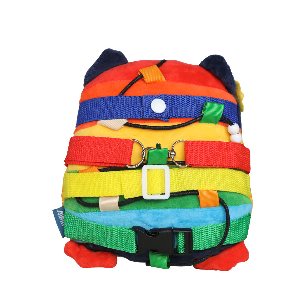 Ableys plush rainbow animal buckle activity toy for fine motor skills with multiple colored straps and buckles