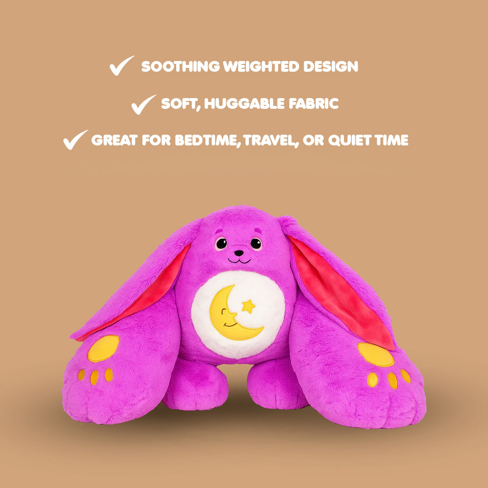 Ableys purple bunny weighted plush sensory toy with moon belly patch and long floppy ears for cuddling