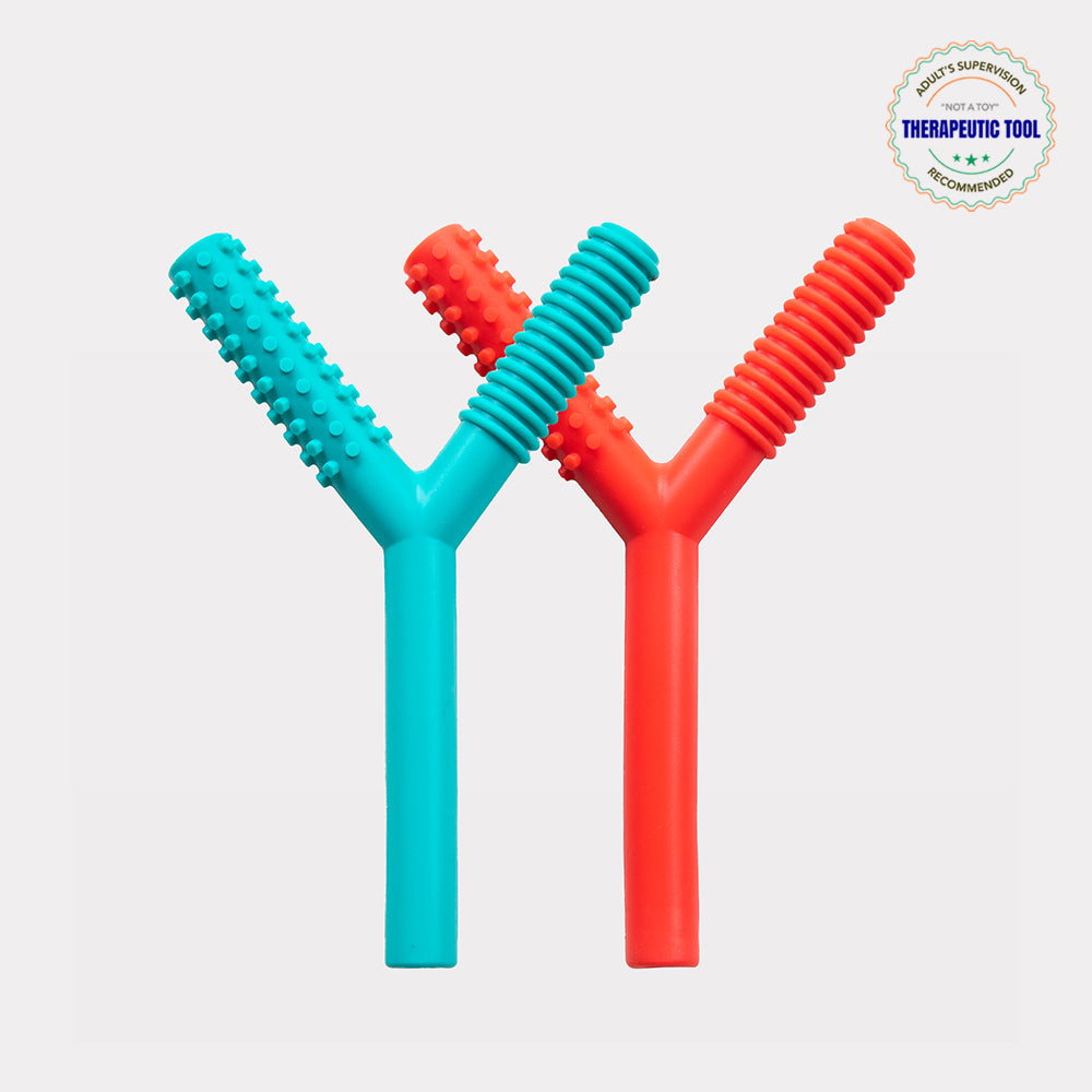 Ableys two Y shaped textured oral motor chew tube for sensory therapy in turquoise and red for biting