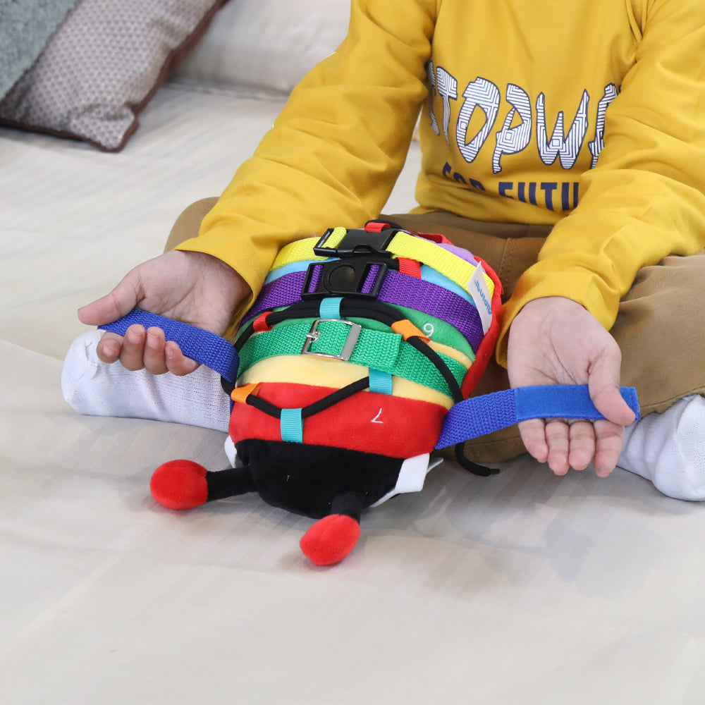 Ableys colorful caterpillar buckle activity toy for kids with multiple straps and buckles for fine motor practice