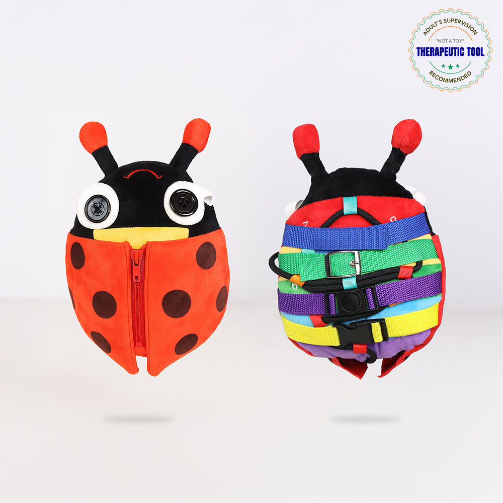 Ableys two sided ladybug buckle activity toy for kids with zipper front and colorful buckles for fine motor skills