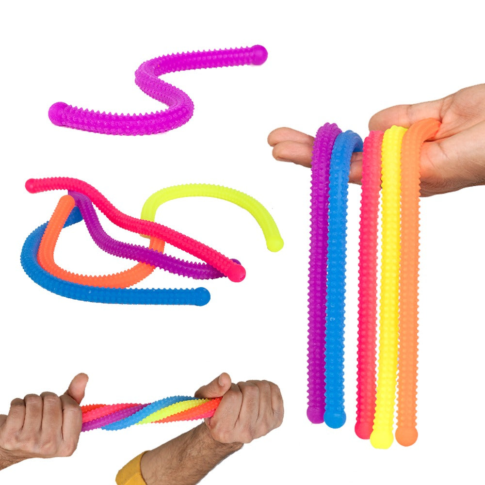 Ableys multicolor textured stretchy fidget strings for sensory therapy being held and twisted by hands