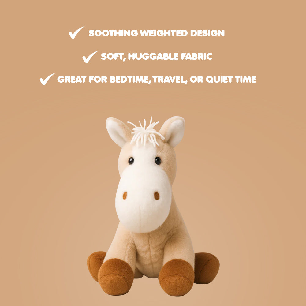 Ableys beige plush horse toy sitting on tan background soft huggable fabric soothing weighted plush for sensory calming