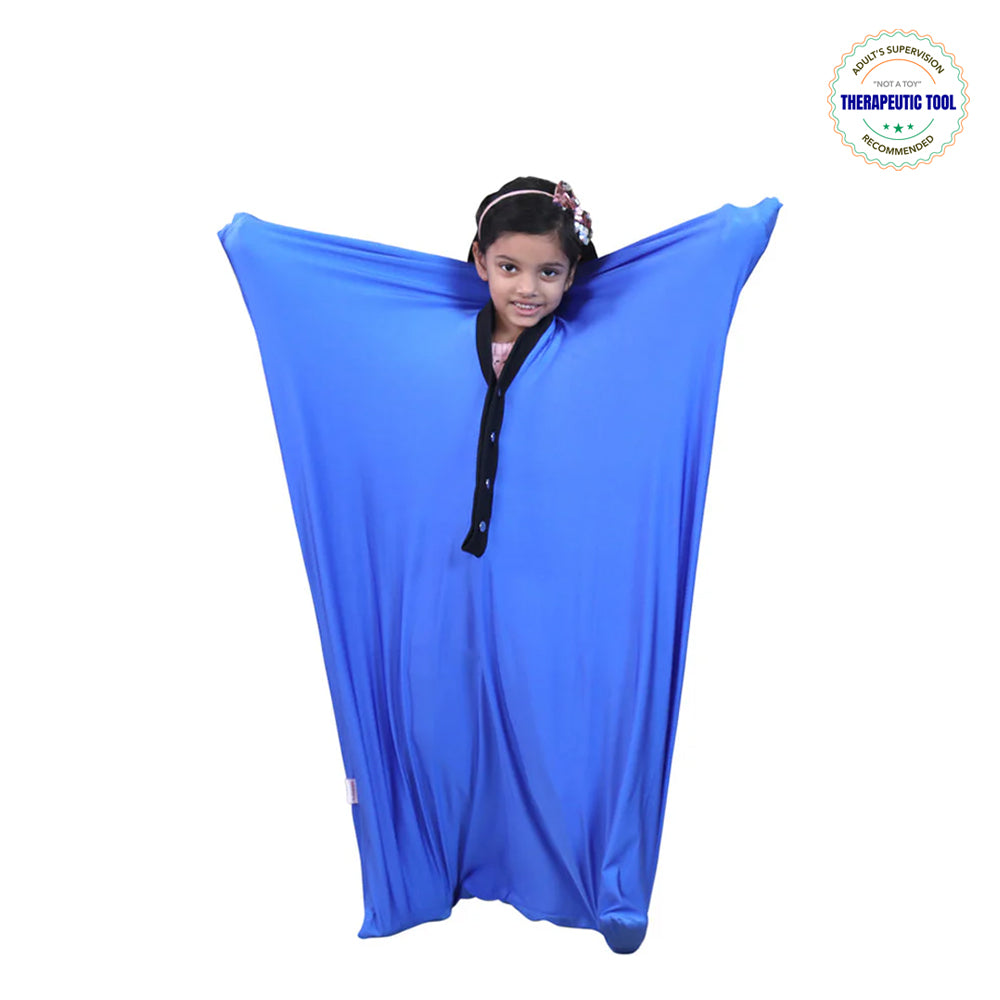 Ableys blue sensory body sock for kids with smiling girl stretching arms and calming deep pressure