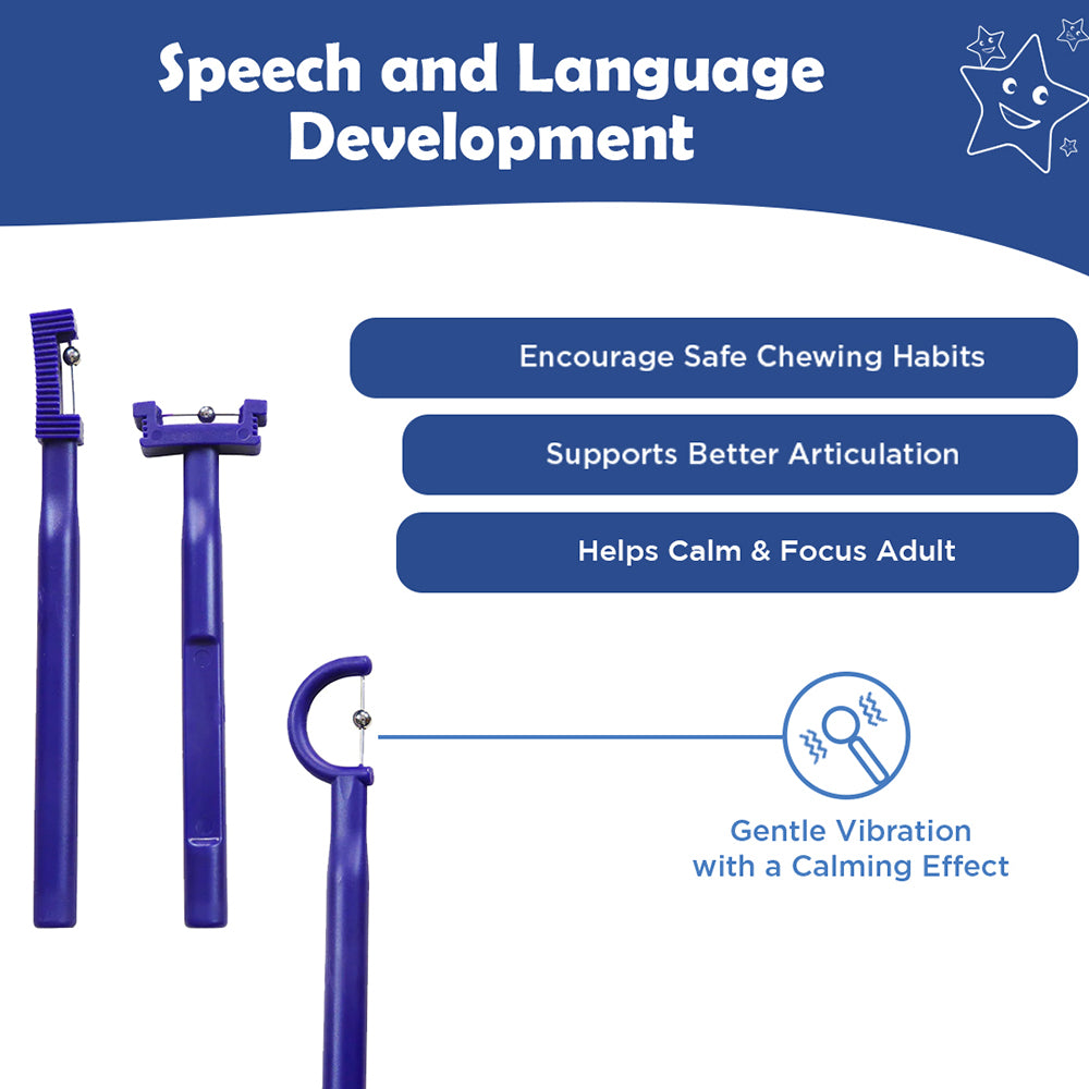 Ableys purple oral motor toolkit for speech therapy showing three vibrating chew tools for articulation calming and safe chewing