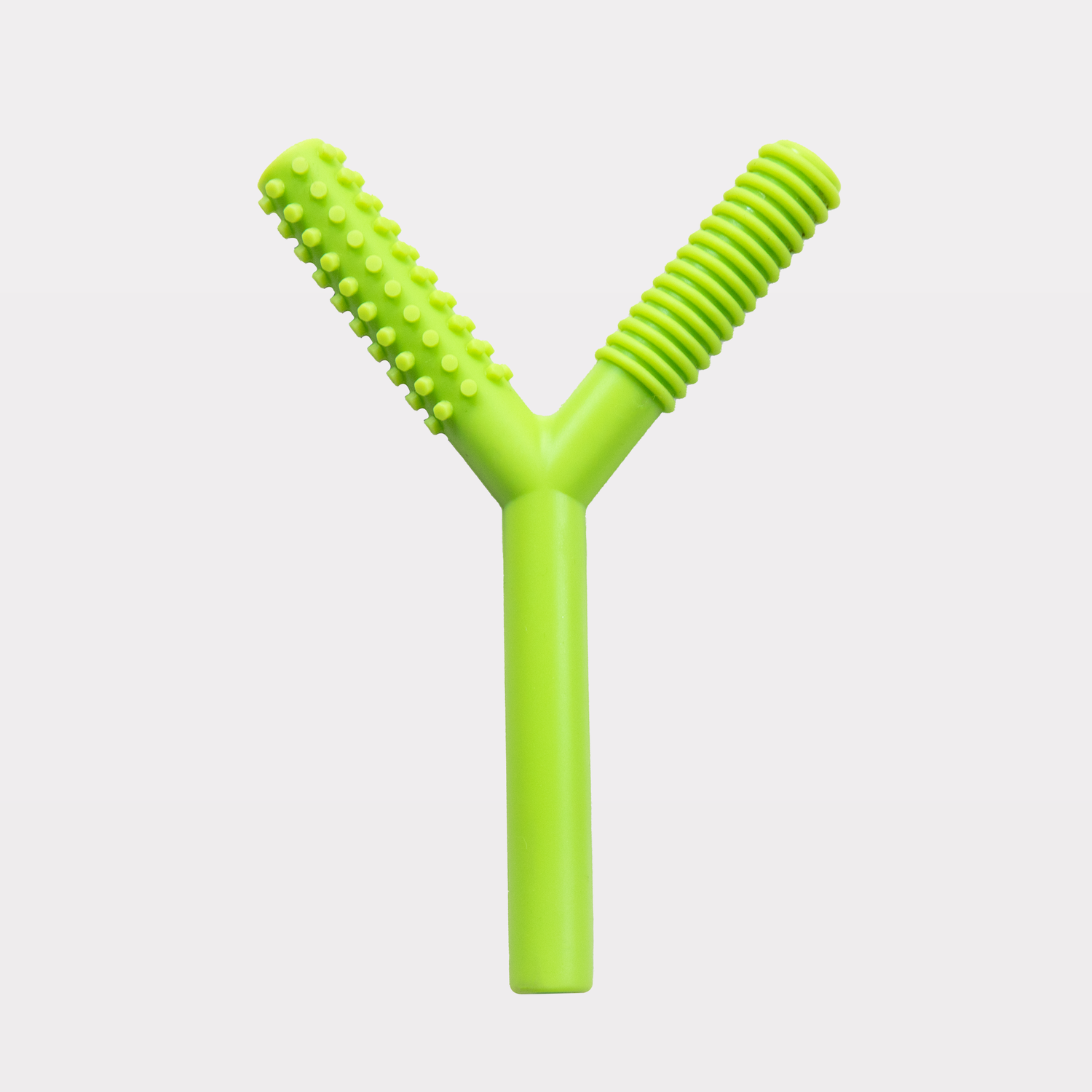 Ableys green Y shaped silicone oral motor chew tool for sensory needs with dual textured ridged and bumpy prongs