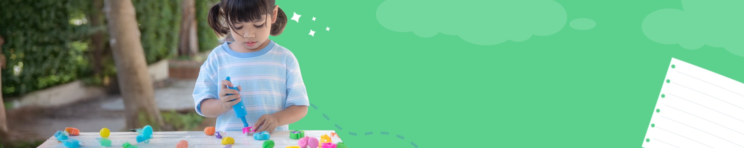 Child using colorful tactile play items at a table outdoors for sensory tools for focus and calming collection