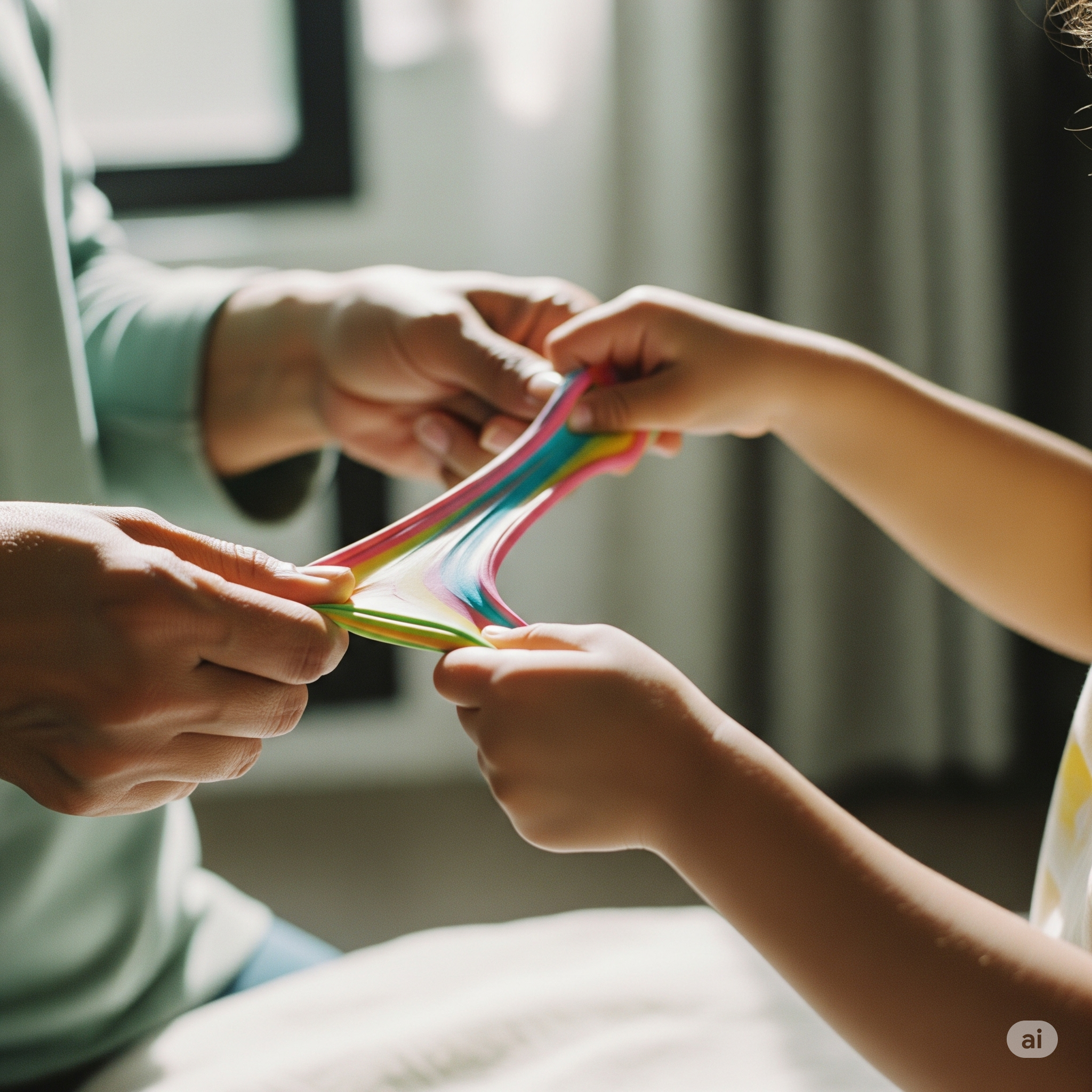 Adult and child hands stretching a colorful stretchy toy together demonstrating fidgets for sensory needs