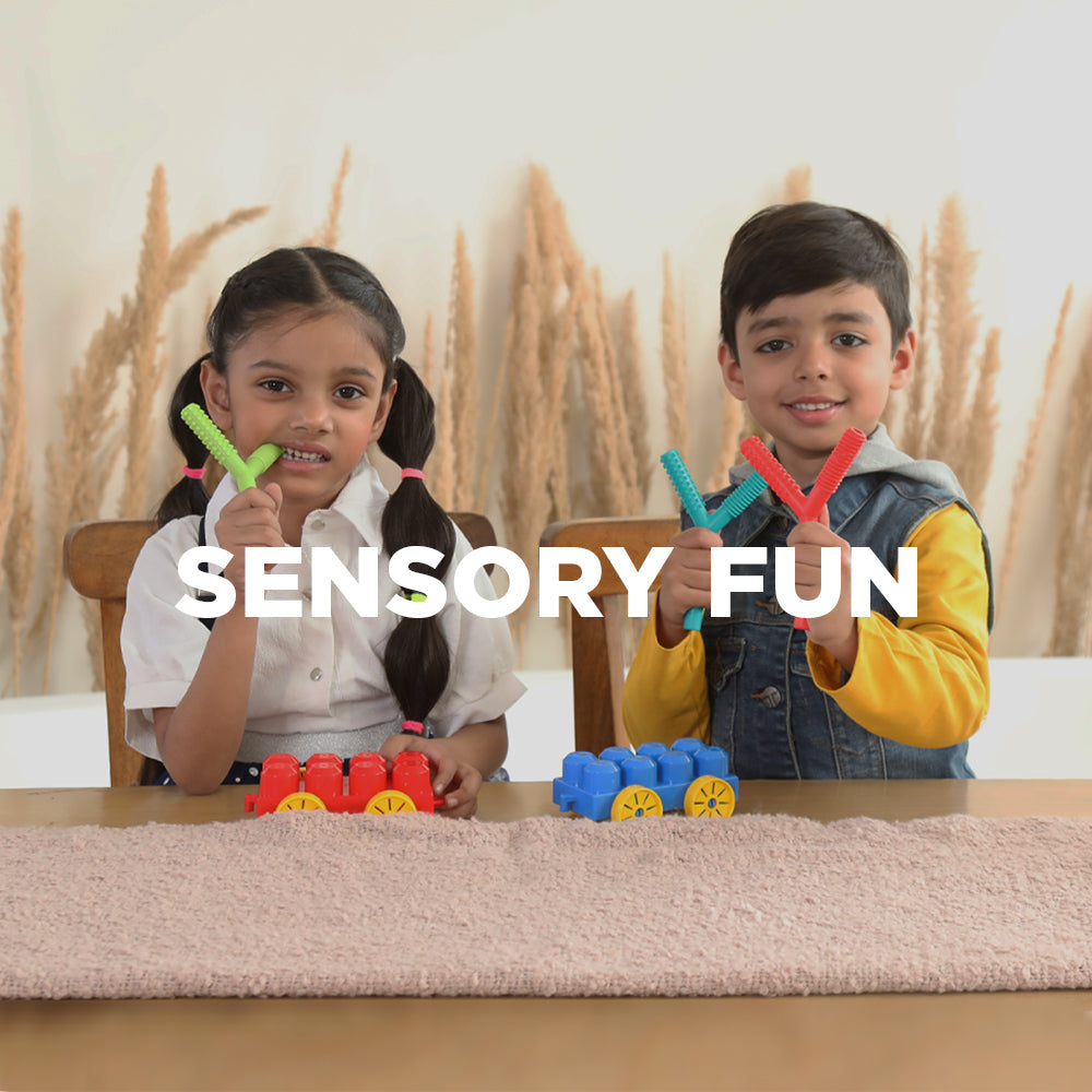 Children playing with colorful textured toys and toy trains showcasing sensory play tools for kids collection