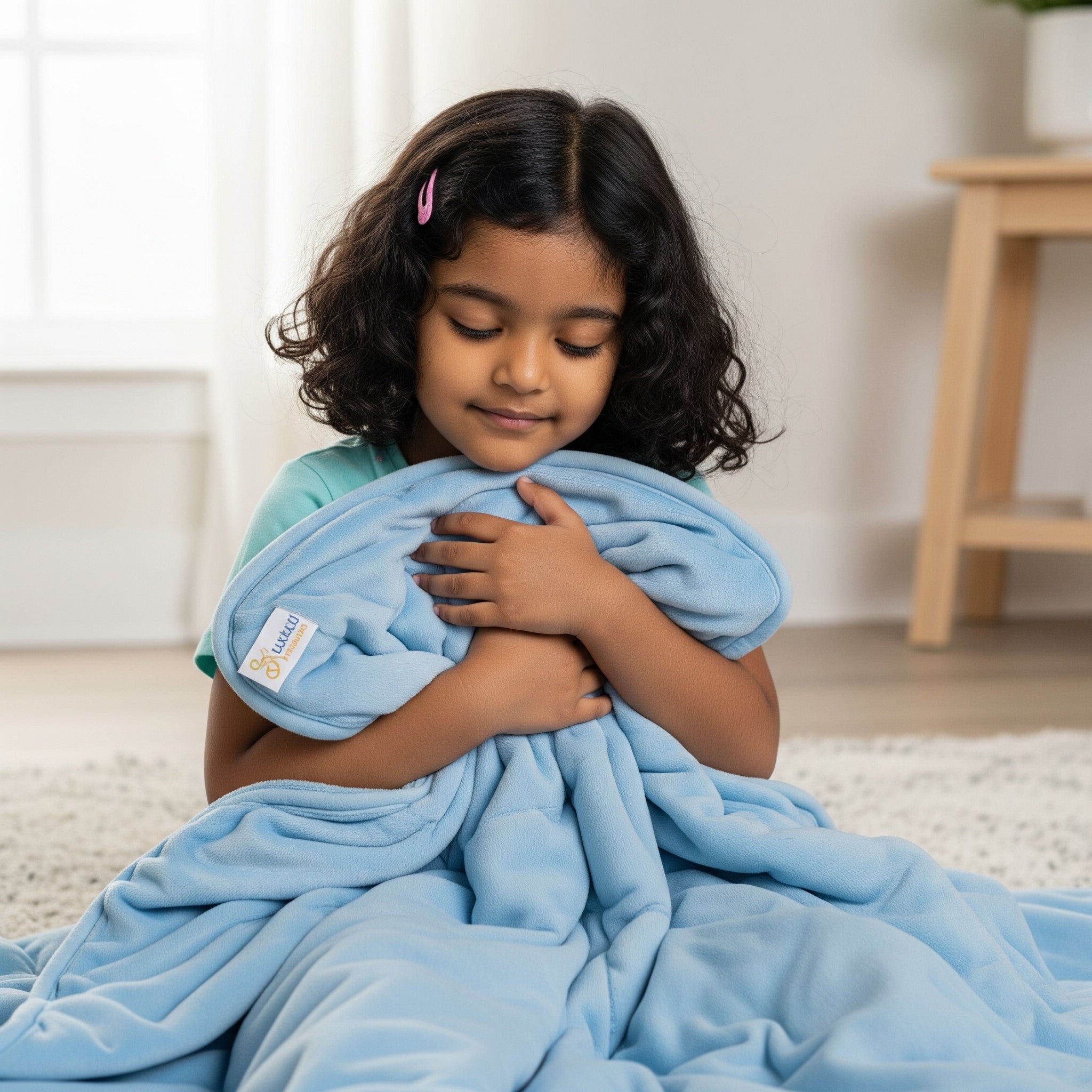 Young girl hugging a light blue weighted blanket in a therapy room representing sensory tools for self regulation and clinic use