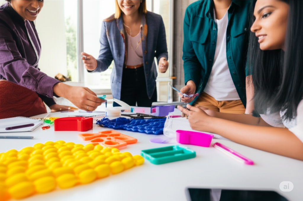 Therapists and educators gathered around a table with colorful sensory tools for therapists and schools used in therapy sessions