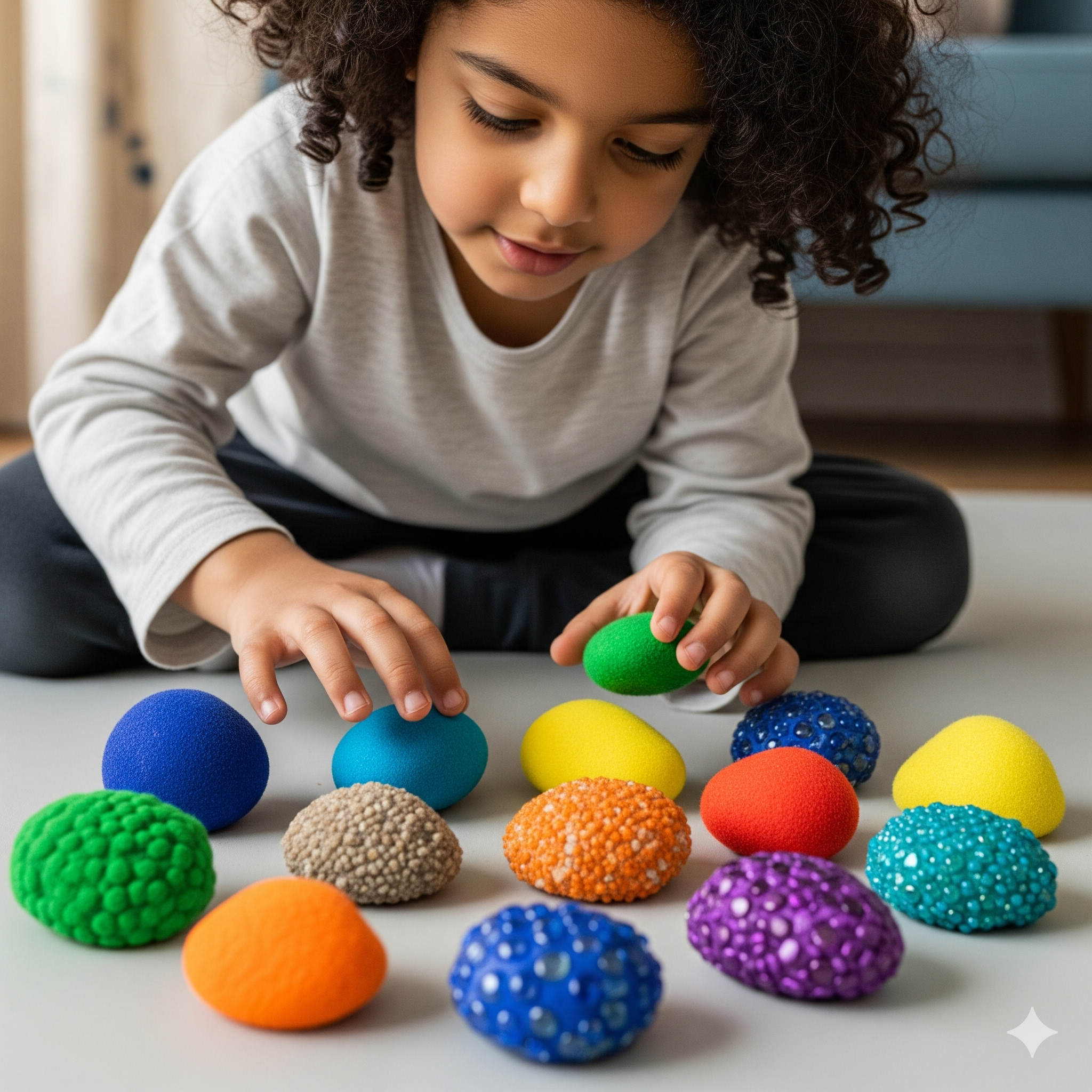 Young girl using colorful fidget toys at a table in a classroom scene sensory tools for calming and focus collection