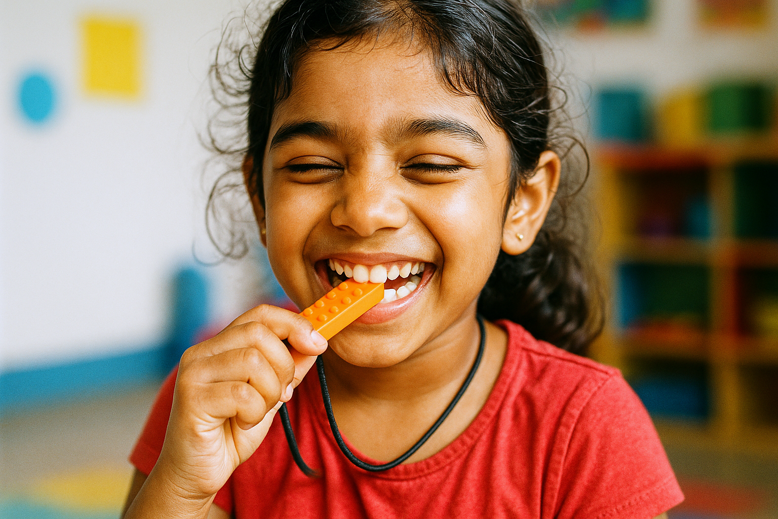 Smiling young girl biting an orange textured chewable sensory toys for kids necklace in a colorful classroom