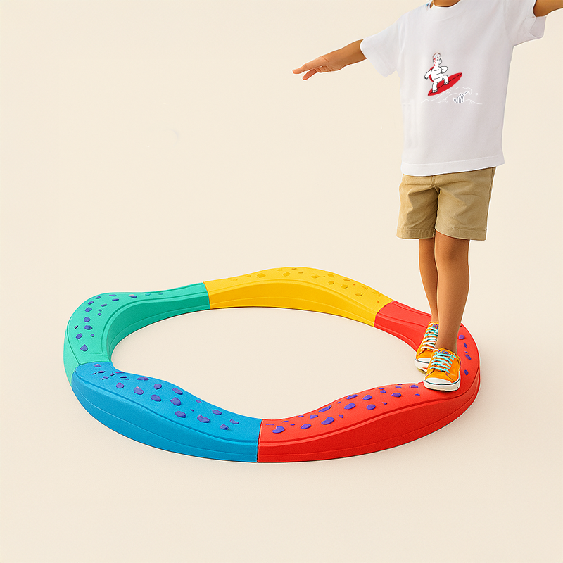 Colorful circular balance ring with textured segments and child balancing demonstrating sensory active motor skill toys