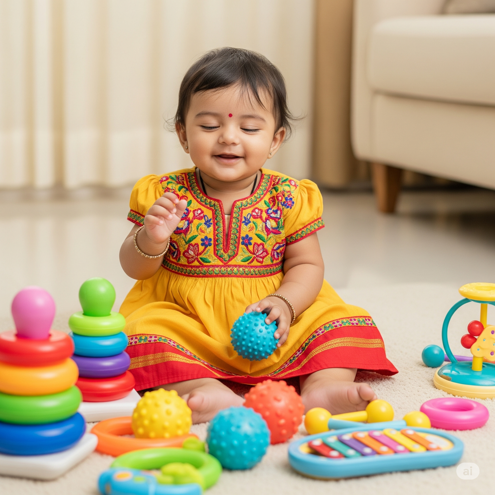 Baby girl in yellow dress sitting on floor with colorful calming sensory tools for kids such as textured balls rings and xylophone