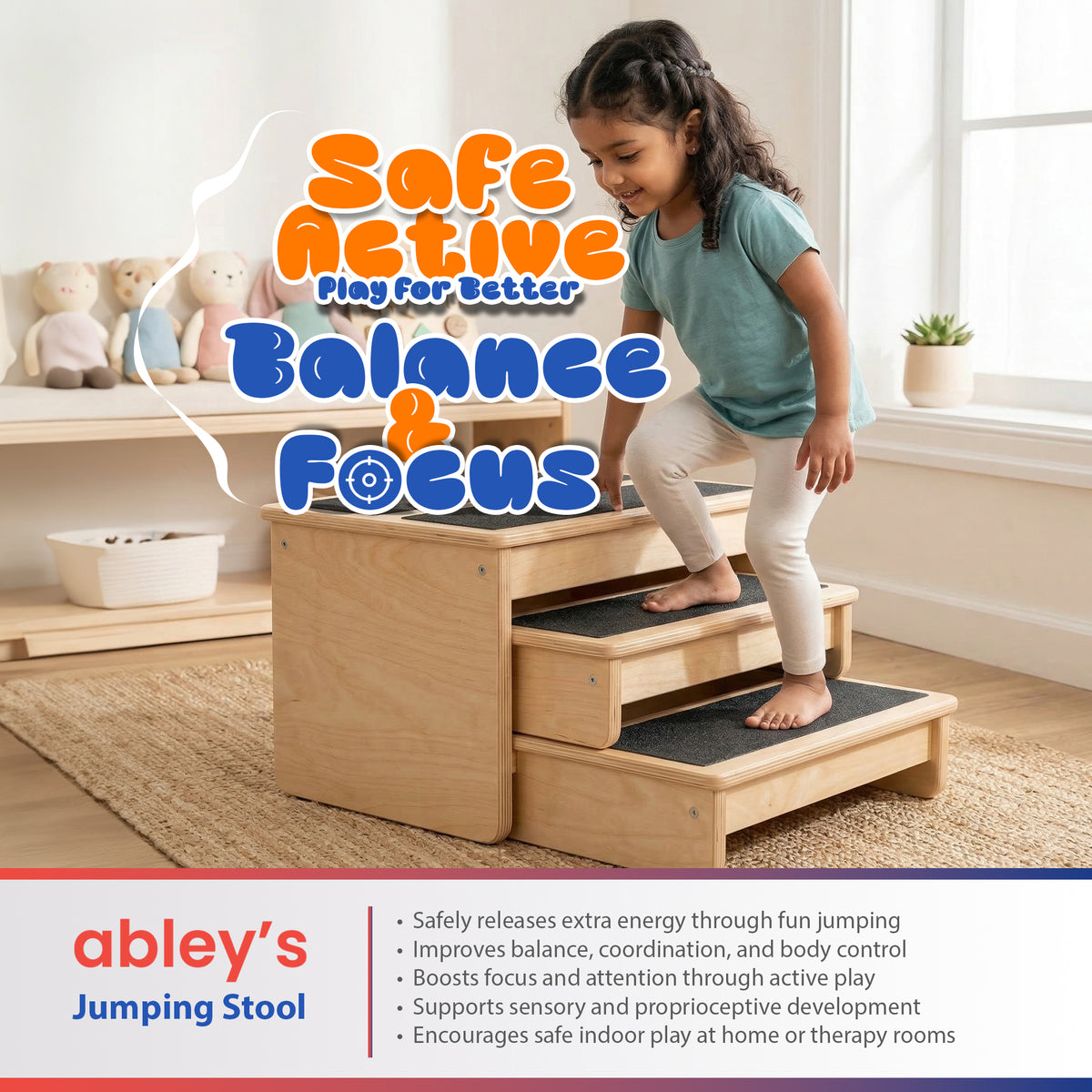 Source Jump Stool Premium 3-Piece Nesting Wooden Jumping Stools Set with Anti-Slip Safet