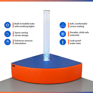 A calming sensory bubble tube integrated into a soft-padded corner seat for interactive visual and tactile stimulation.