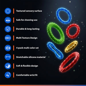 Sensory Silicone Stretchy Bracelets 4-Pack of Multi-Color Textured Rings for Fidgeting & Chewing