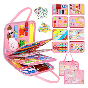 Abley's Educational Busy Board Book for Toddlers, Pink 5-Page Activity Book with Letters, Numbers, Shapes, Animals, Clock Learning, Early Development Skills