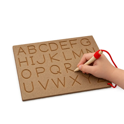 Alphabet Tracing Board for Kids – Wooden Engraved A to Z Letter Board with Attached Stylus for Early Writing Practice (23 x 30 cm)