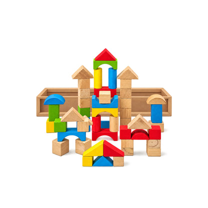 Wooden Building Blocks for Kids – Colorful & Natural Block Set with Wooden Storage Tray for Creative Play (38 x 30 cm)