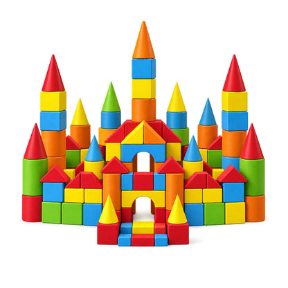 Rainbow Castle Building Blocks Set – 6-Color Wooden Cones, Cubes, Cylinders & Roof Pieces with Storage Tray (28 x 52 cm)