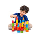 Rainbow Castle Building Blocks Set – 6-Color Wooden Cones, Cubes, Cylinders & Roof Pieces with Storage Tray (28 x 52 cm)
