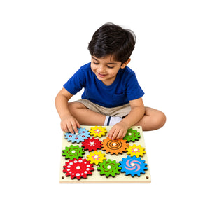 Interactive Gear Board for Kids – Wooden Spinning Gear Toy with 11 Colorful Gears & Easy-Grip Knobs (28 x 28 cm)