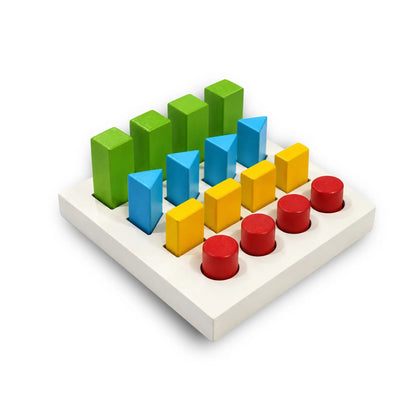 Geometrical Peg Board for Kids – Wooden Graded Height Sorting Board with 16 Cylinders, Rectangles, Triangles & Square Prisms (20 x 19 cm)