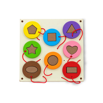 Geometric Shape Holder Board for Kids – Wooden Lacing Toys with 8 Corded Shape Discs for Matching & Fine Motor Play (28 x 28 cm)