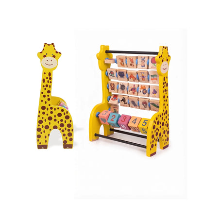 Giraffe Abacus Toys for Kids – Wooden Alphabet, Picture & Number Learning Frame with Rotating Blocks (22.5 x 30 x 11.5 cm)