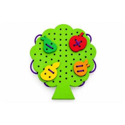 Lacing Toys for Kids – Fruit Tree Threading Board with 4 Stitch-On Fruit Shapes & Soft Purple Laces for Fine Motor Play (20.5 x 10 cm)