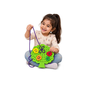 Lacing Toys for Kids – Fruit Tree Threading Board with 4 Stitch-On Fruit Shapes & Soft Purple Laces for Fine Motor Play (20.5 x 10 cm)