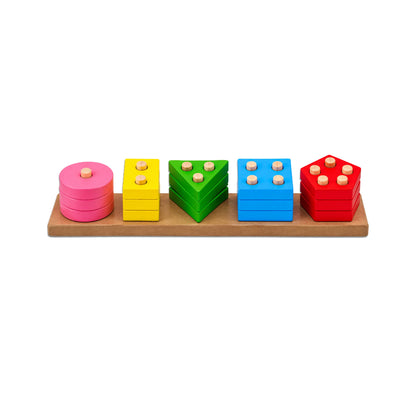 Wooden Shape Stacker Toys for Kids – 5 Color Geometric Stacking & Sorting Board for Early Learning (34 x 6 cm)