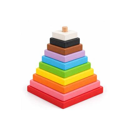 Rainbow Square Stacker Pyramid with 10 Colorful Stacking Plates & Center Peg for Color and Size Learning (10.5 x 15.5 cm)| Wooden Toys for Kids