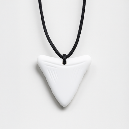 Ableys white triangular silicone chewable necklace for sensory needs on black cord with textured edges