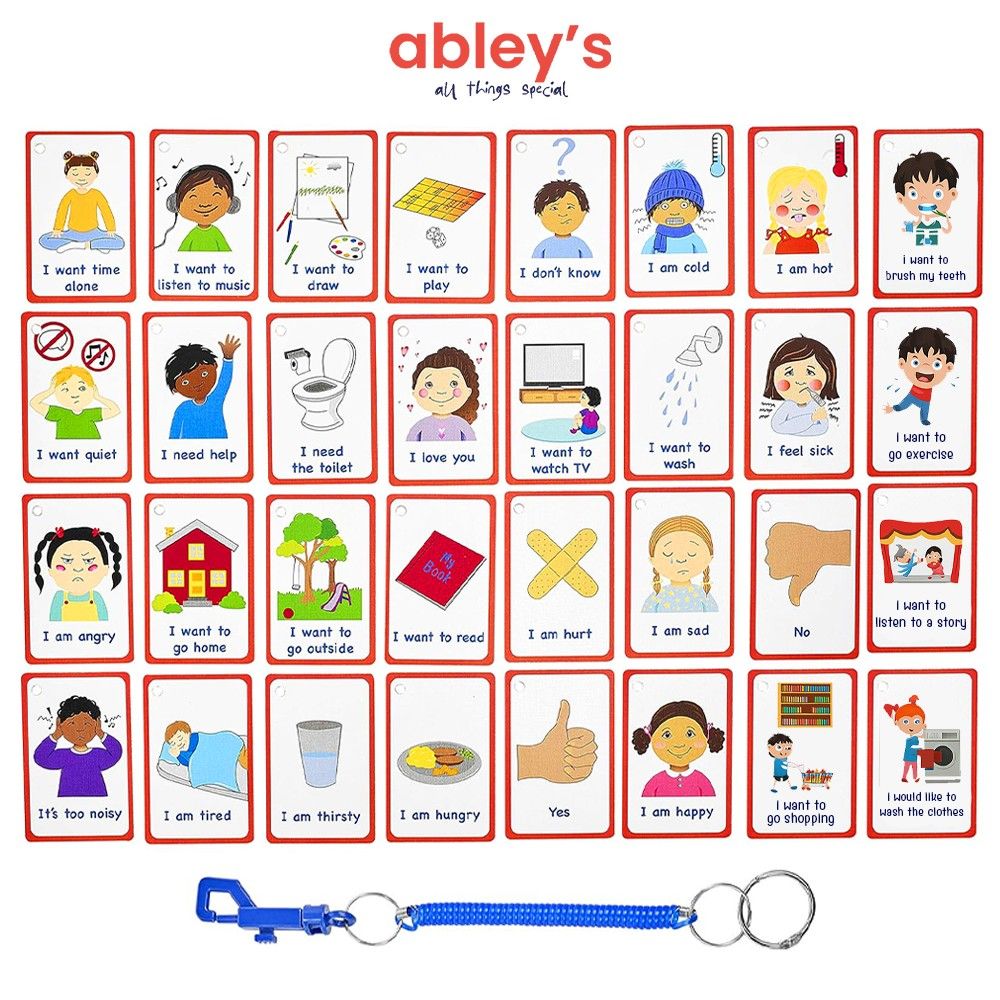 Visual Communication Cards for Kids – 32 Durable Flashcards with Keyring for Expressing Needs & Emotions