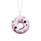 Pink donut silicone pendant on pink cord chewable necklace for sensory needs with smiling frosting and sprinkles
